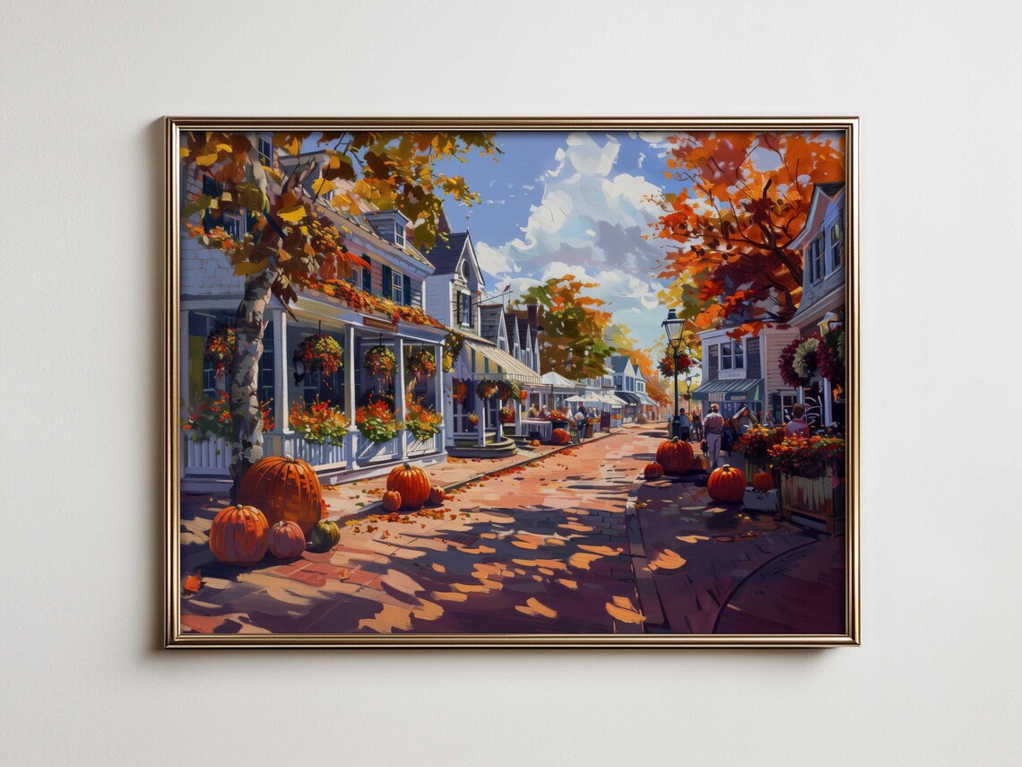 Autumn Village Street Pumpkins Porch Houses Fall Scene Poster