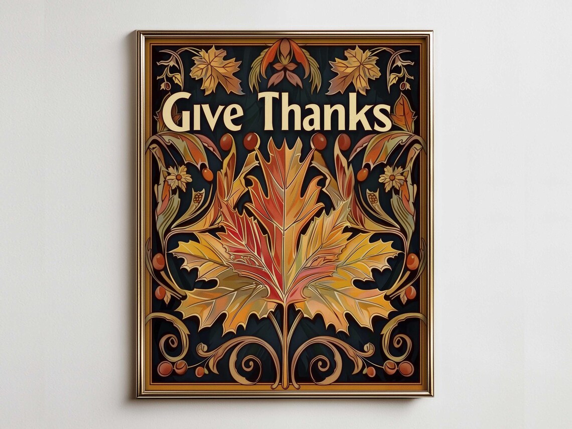 Give Thanks Art Nouveau Leaves Poster Teal Vintage Thanksgiving Wall Decor