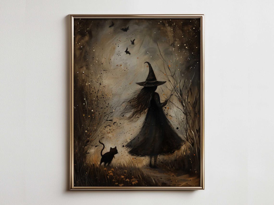 Halloween Witch Silhouette Black Cat Moonlit Night Art Poster