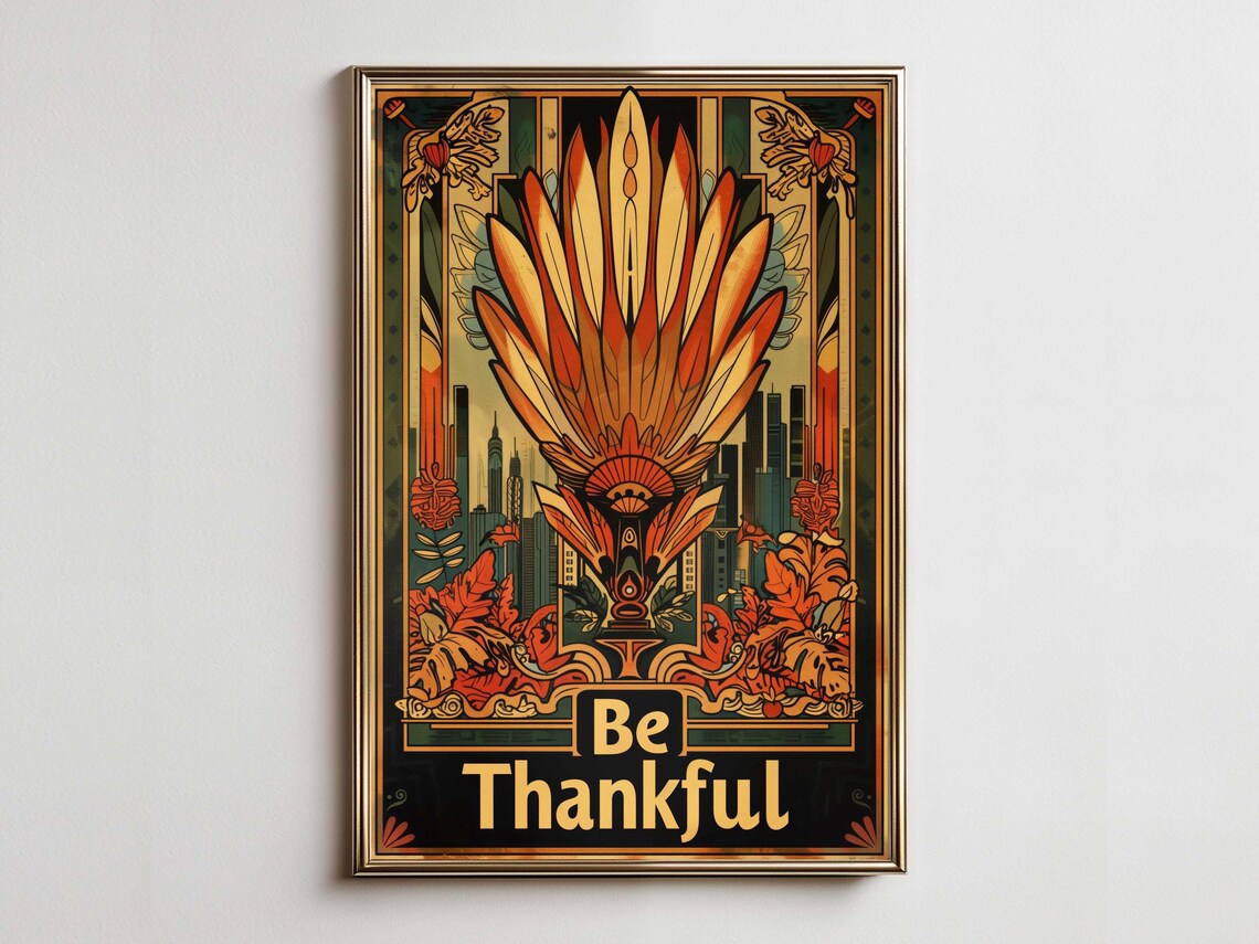 Be Thankful Stylized Peacock Turkey Vintage Autumn Art Poster