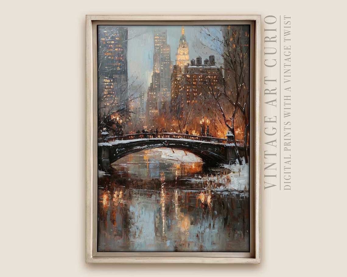 Snowy Central Park Bridge Vintage Oil Painting New York City Print