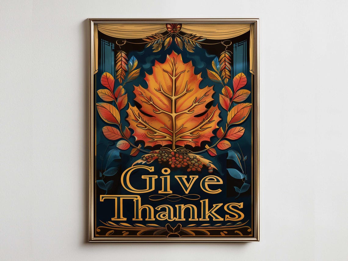 Bold Give Thanks Golden Autumn Leaf Navy Blue Vintage Poster