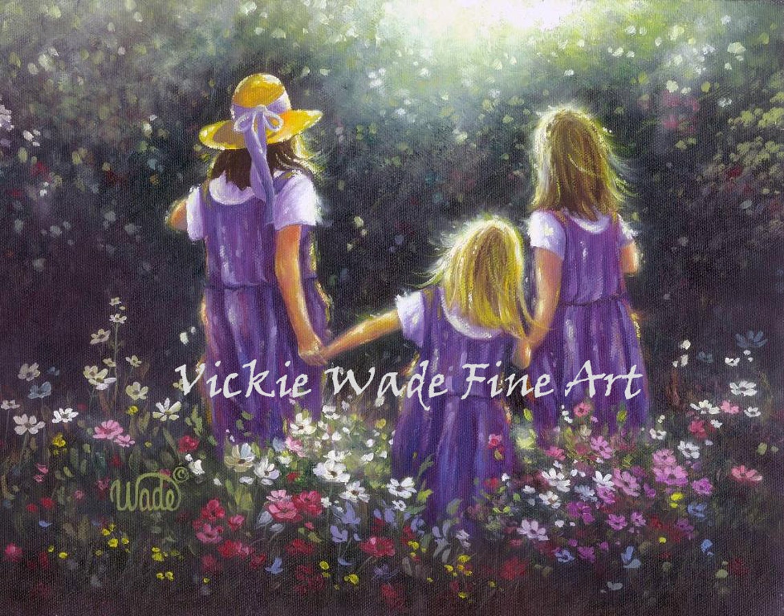 Three Sisters in Purple Dresses Walking in a Flower Garden Poster