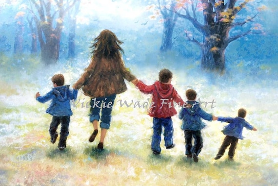 Mother And Four Sons Art Print Four Boys Four Brothers Out For A Walk Mom Mum Holding Hands Hand In Hand Forest Vickie Wade Art
