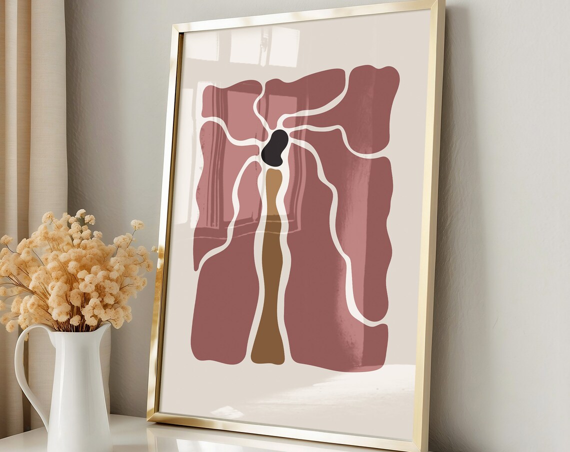 Bohemian Abstract Flower Poster Dusty Rose Mid Century Modern Floral Art