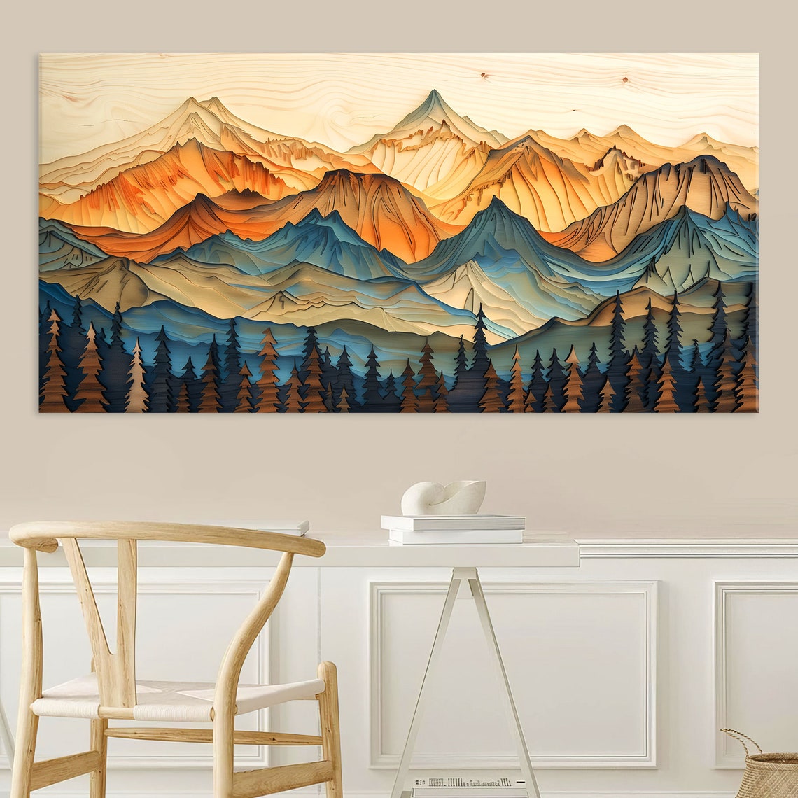 Orange Teal Mountain Peaks Red Sun Pine Forest Landscape Art Poster