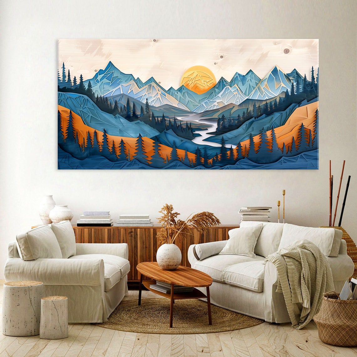 Geometric Blue Mountain Peaks Golden Sun River Pines Art Poster