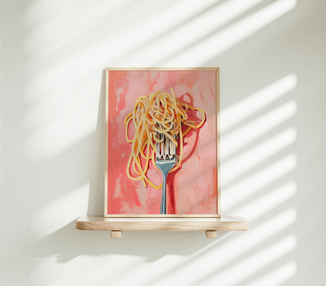 Spaghetti On Fork Coral Pink Background Playful Food Painting Poster - Image 2