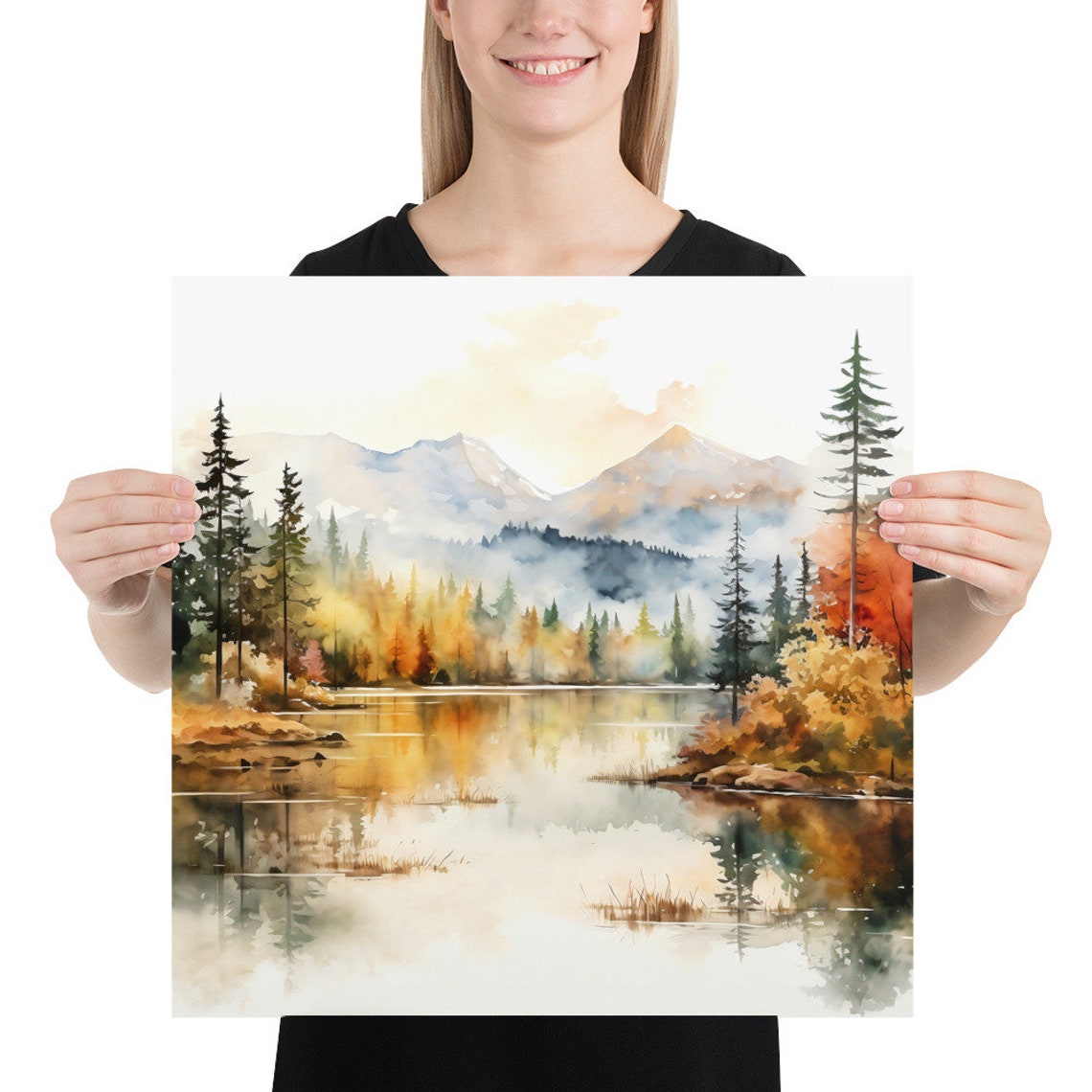 Autumn Lake Golden Foliage Mountain Reflection Watercolor Poster - Image 5