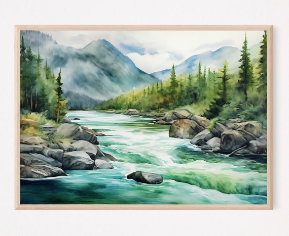 Mountain River Watercolor Art Print, Misty Forest Landscape
