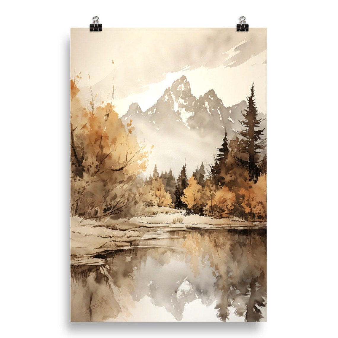 Grand Teton Autumn Lake Reflection Golden Foliage Watercolor Poster - Image 5