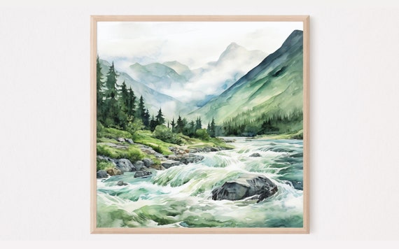 Mountain River Watercolor Landscape Pine Tree Wall Art Blue Green Art Print Pine Forest Painting Minimalist Wall Decor