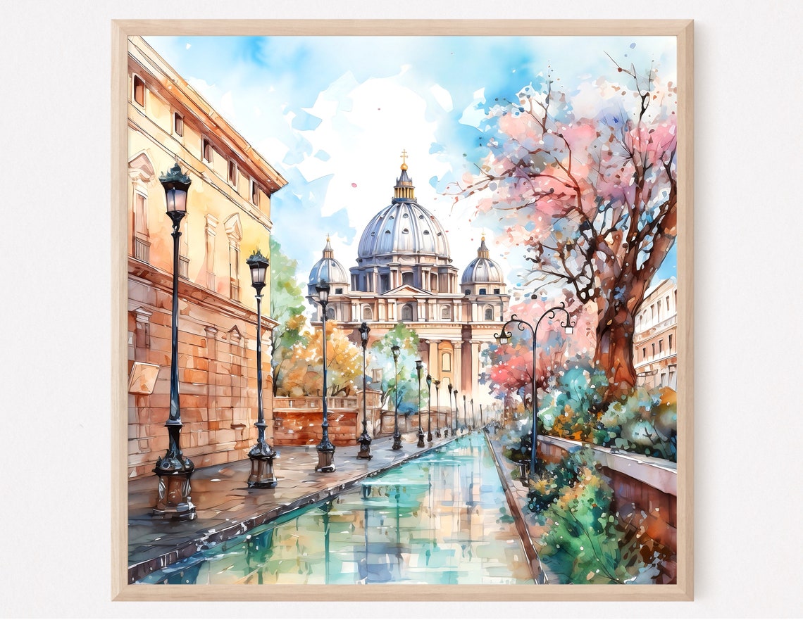 Vatican City St Peters Basilica Street Watercolor Italy Poster