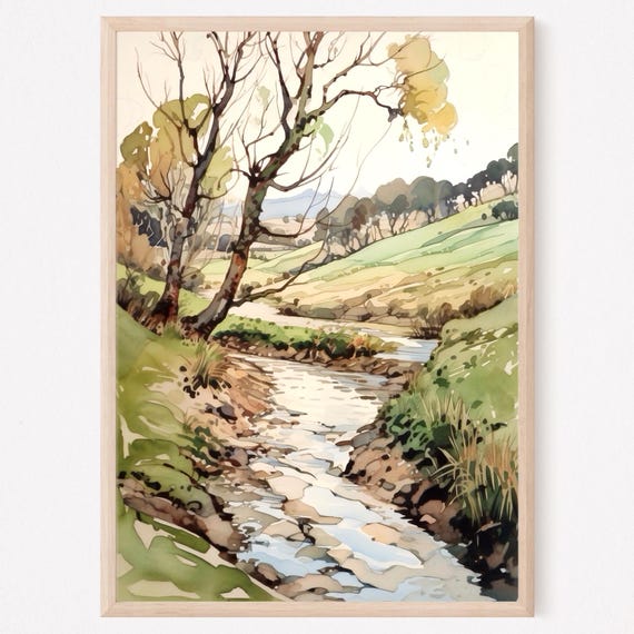 Rural River Watercolor Painting Art Print Summer Country Landscape Wall Art Rustic Nature Poster Home Decor Gift