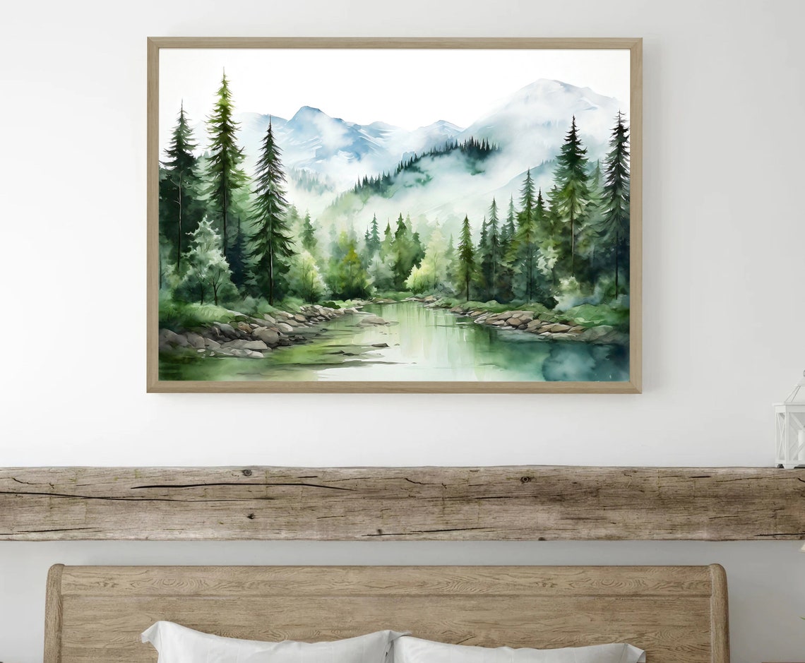 Misty Pine Forest with Mountain Stream Foggy Watercolor Poster - Image 5