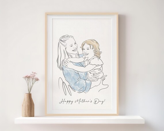 Happy Mothers Day Mother and Child Line Art Watercolor Poster