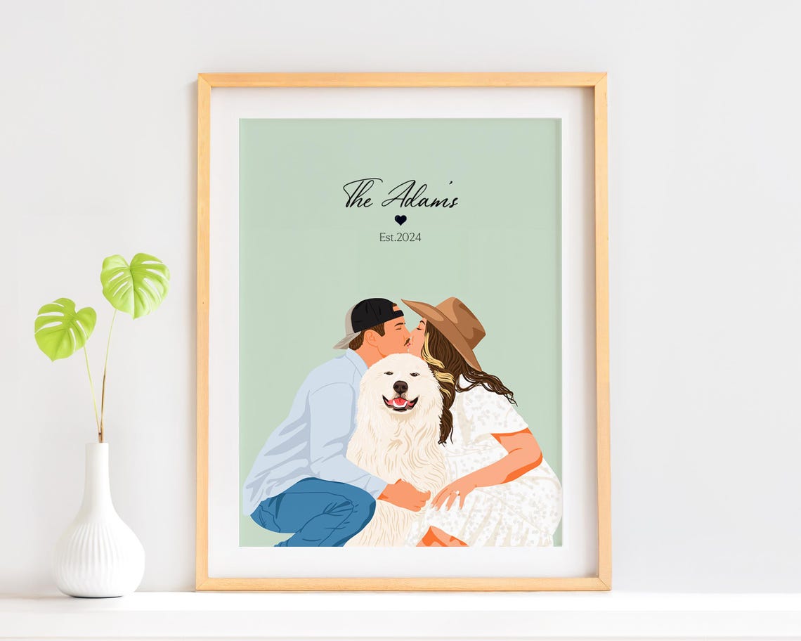 Custom Couple with White Dog Faceless Portrait with Name Poster