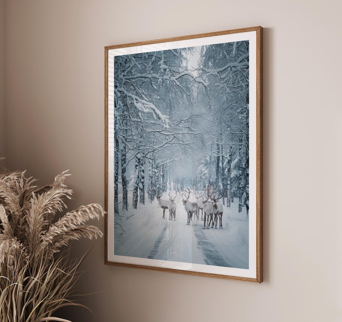 White Reindeer Herd on a Snowy Birch Forest Road Winter Poster - Image 6