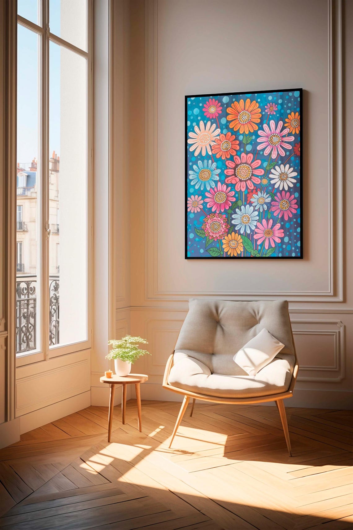 Colorful Folk-Art Daisies on Midnight Blue Background Poster - Image 3