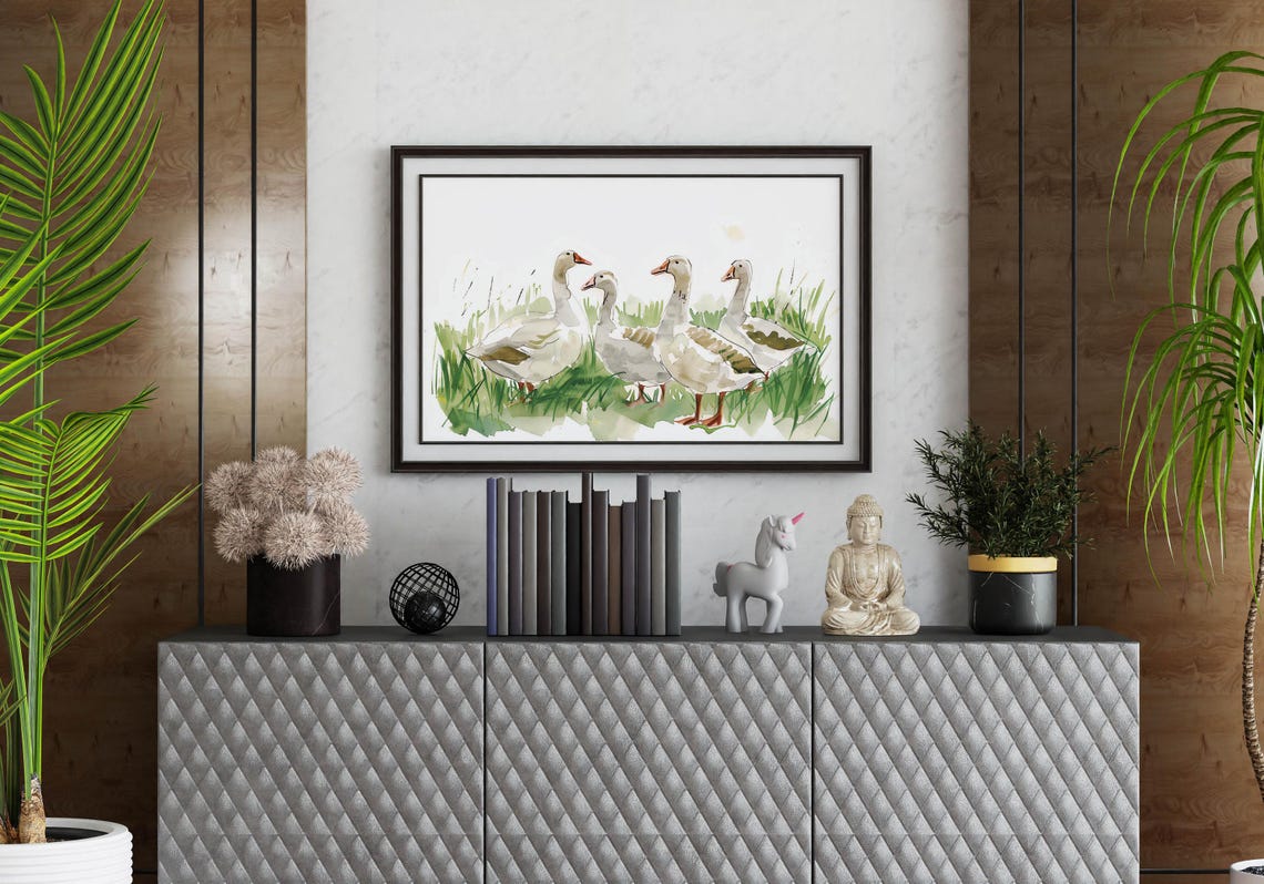 Four White Geese Wandering Through Tall Green Grass Painting Poster - Image 6