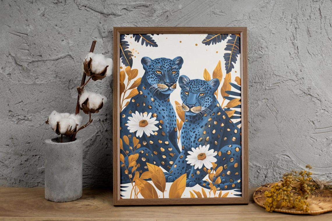 Two Dark Blue Leopards With White Daisies and Gold Leaves Poster - Image 4