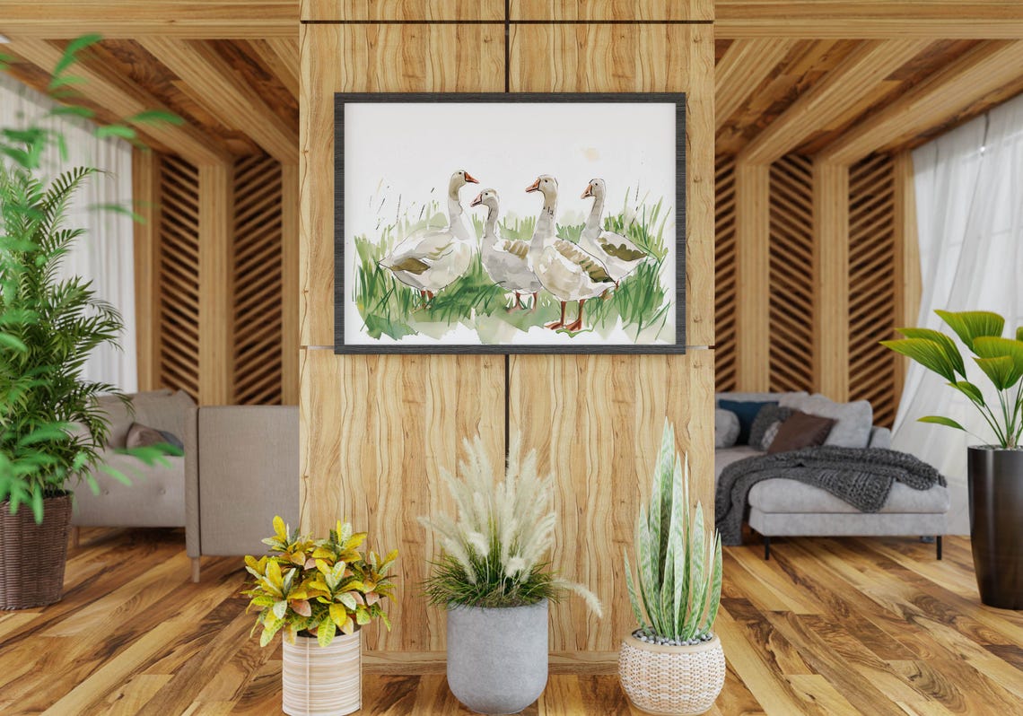 Four White Geese Wandering Through Tall Green Grass Painting Poster - Image 5
