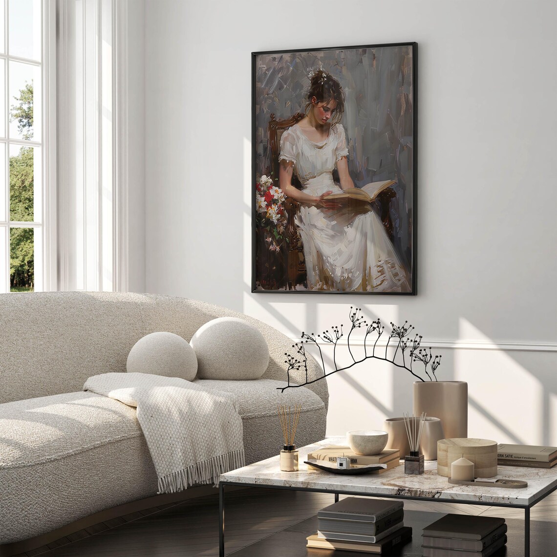 Woman in White Gown Reading a Book Vintage Oil Portrait Poster - Image 3