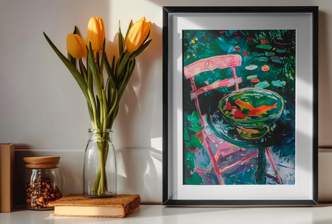 Goldfish Bowl Painting in Blooming Garden Impressionist Art Poster - Image 2