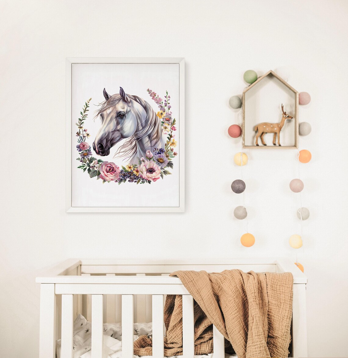 Gray Horse Portrait Adorned with Pink Roses Floral Wreath Poster - Image 2