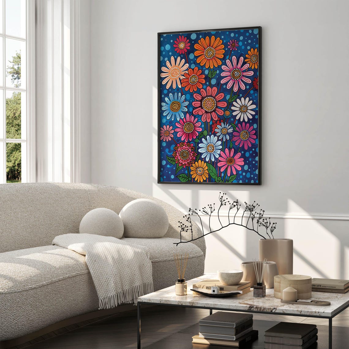 Colorful Folk-Art Daisies on Midnight Blue Background Poster - Image 5