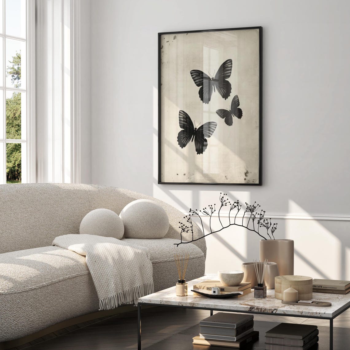 Three Black Butterflies on Vintage Cream Paper Botanical Wall Art - Image 4