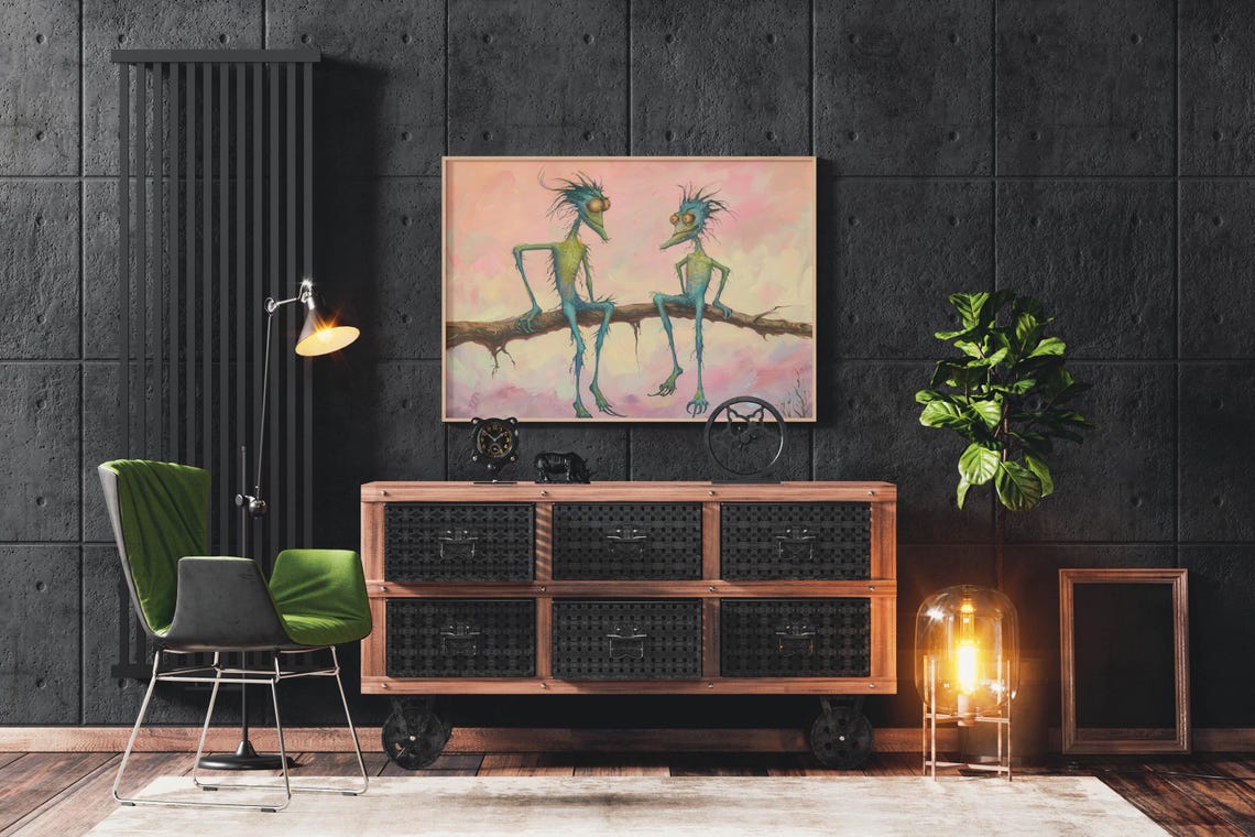Lanky Whimsical Creatures Sitting on Branch Pastel Fantasy Poster - Image 4
