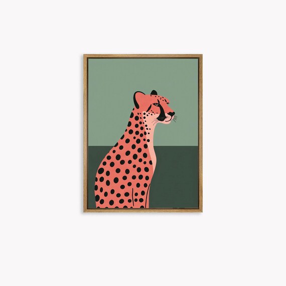 Coral Cheetah in Elegant Profile on Sage Green Minimalist Poster