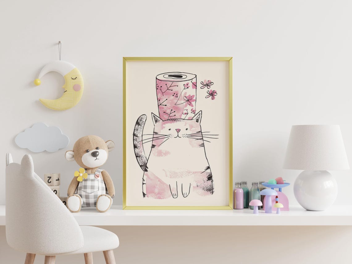 Cute Cat Balancing Floral Paper Roll on Head Watercolor Art Poster - Image 6