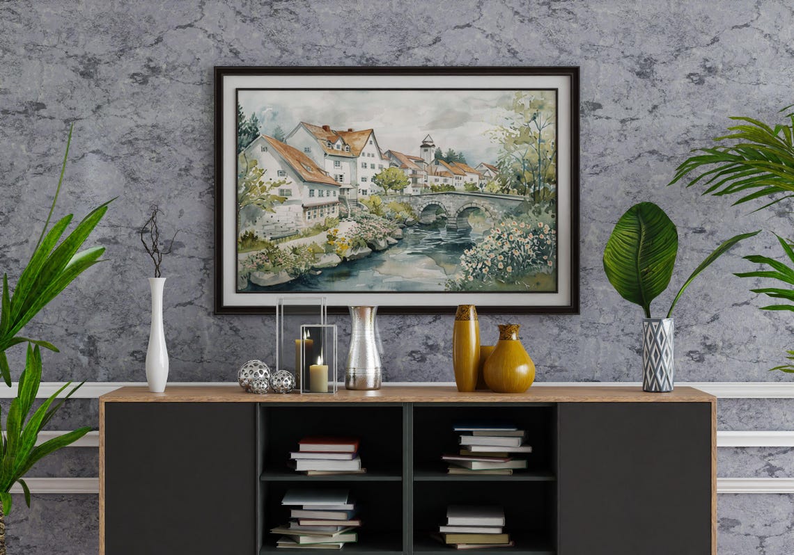 Old European Town with Double-Arched Stone Bridge Watercolor Poster - Image 6