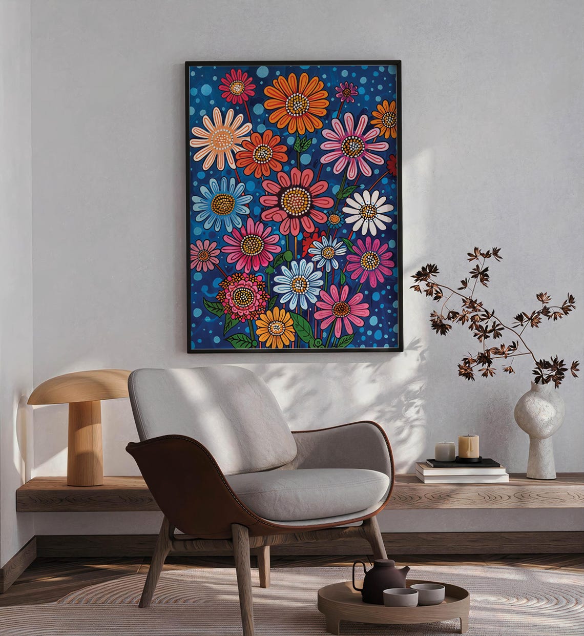 Colorful Folk-Art Daisies on Midnight Blue Background Poster - Image 4
