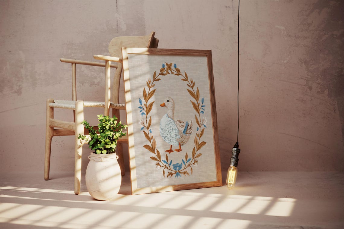 Elegant Duck Inside a Golden Botanical Wreath on Linen Poster - Image 2