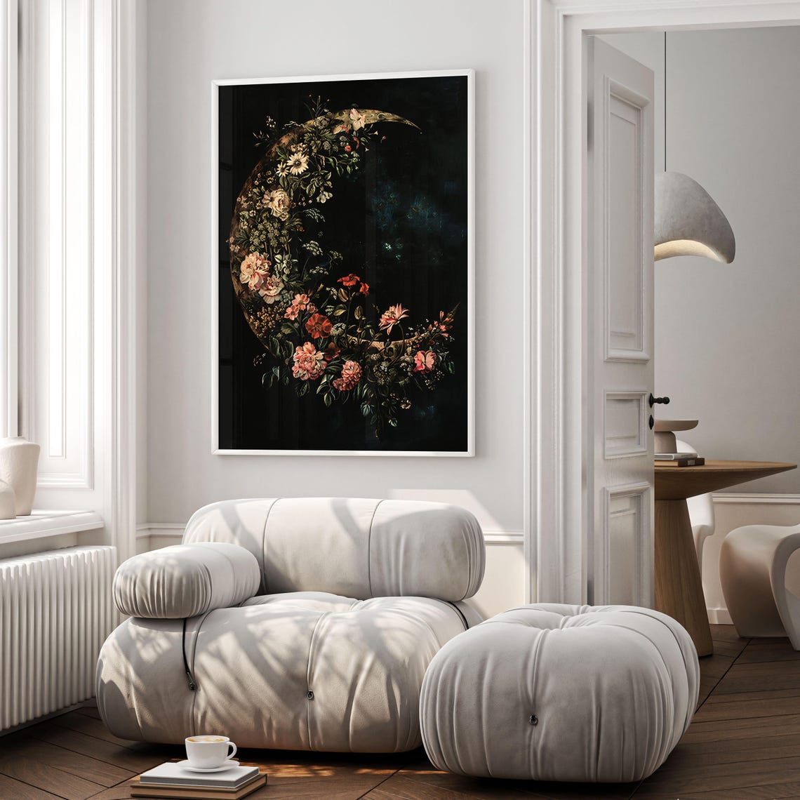 Floral Crescent Moon Botanical Night Sky Vintage Flower Art Poster - Image 3