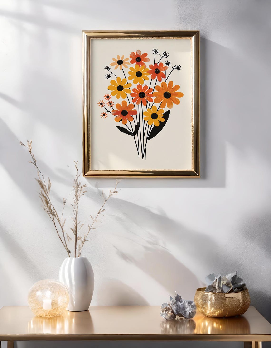 Marigold and Daisy Retro Bouquet Mid Century Floral Art Poster - Image 5