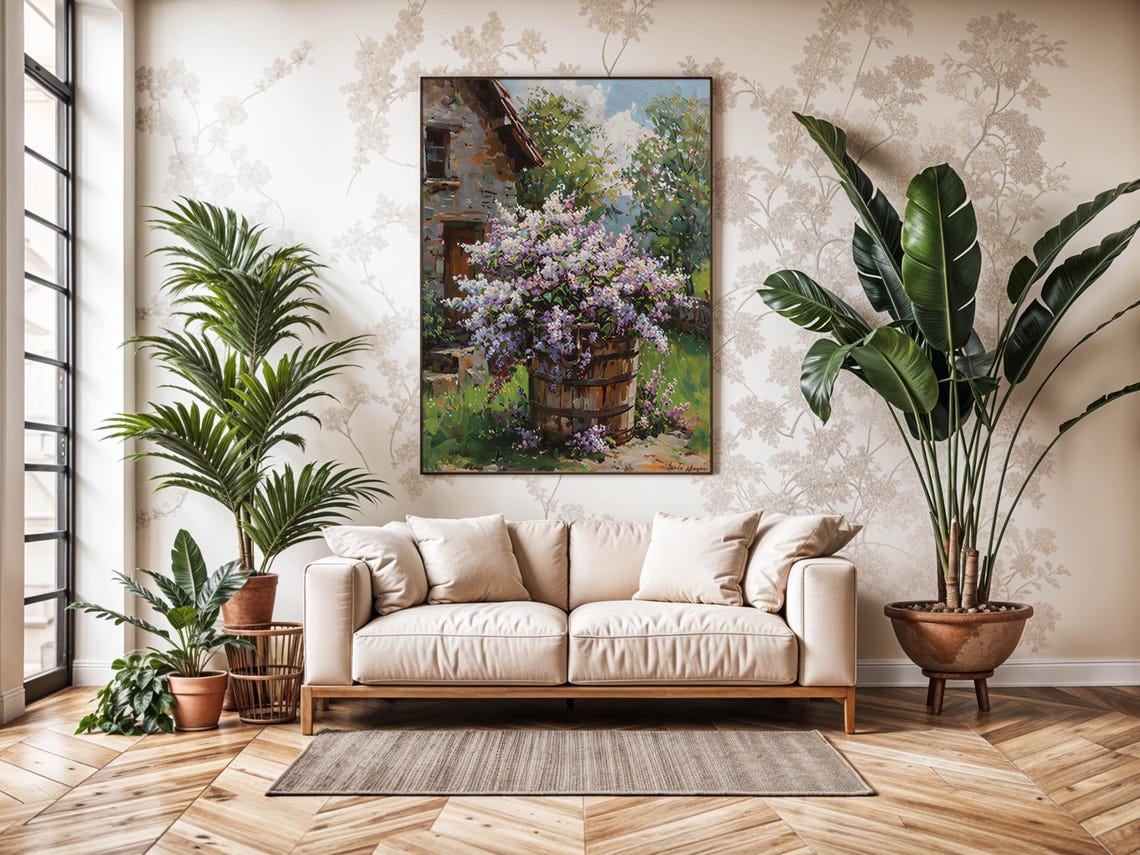 Overflowing Lilac Barrel at Rustic Cottage Doorway Art Poster - Image 4