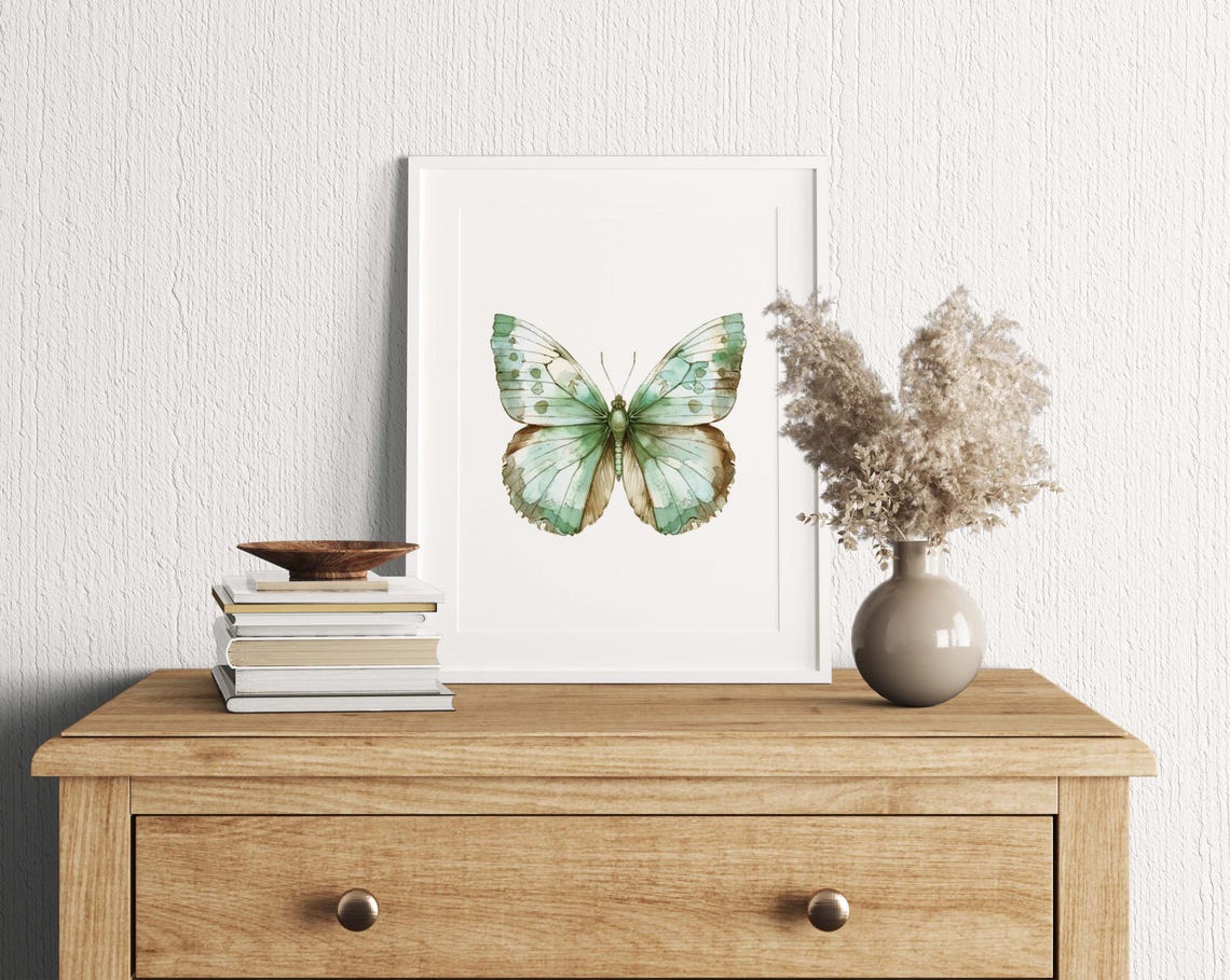 Emerald Green Butterfly Watercolor Study Minimalist Botanical Poster - Image 6