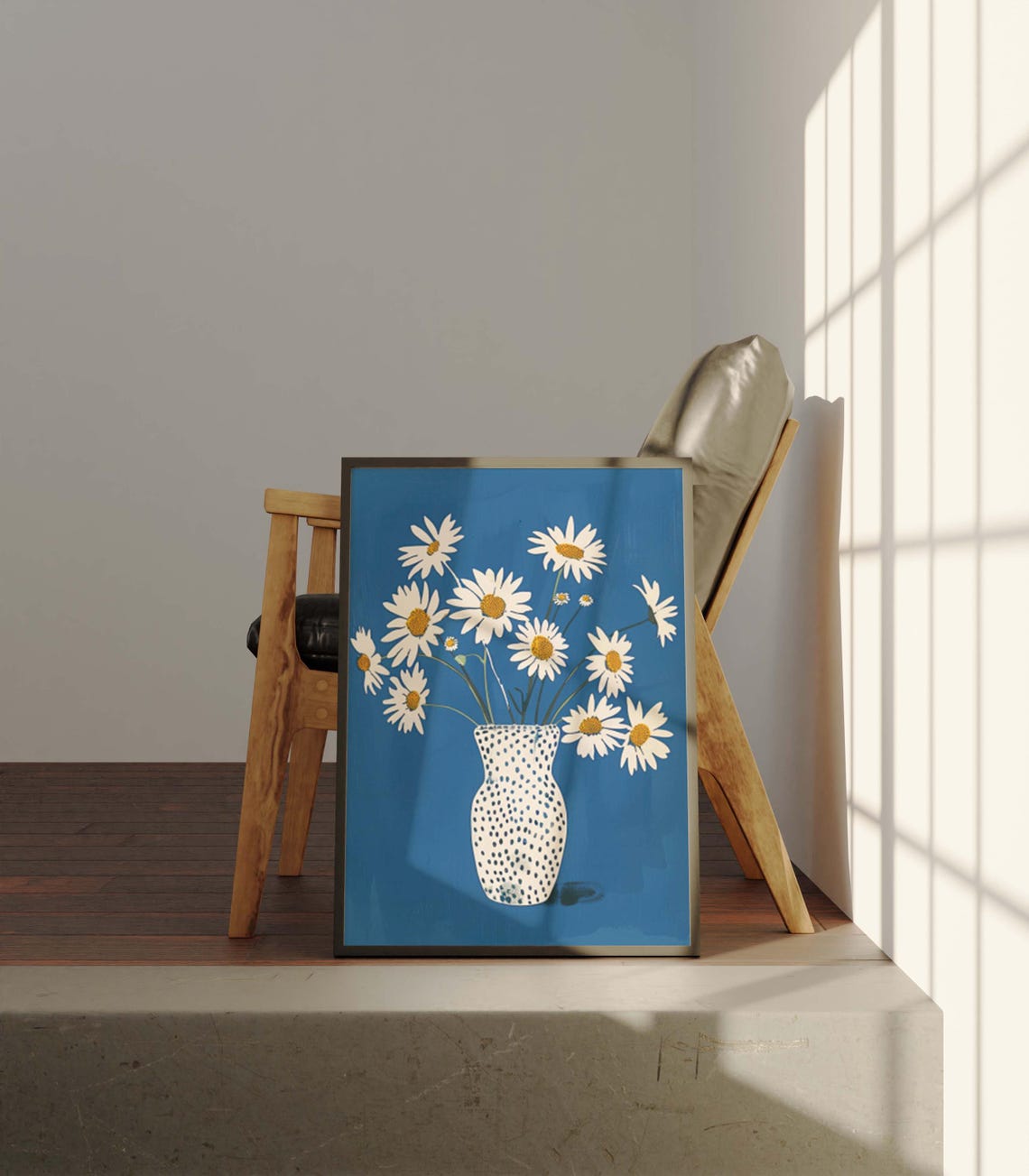 White Daisies in Spotted Vase on Cobalt Blue Modern Floral Poster - Image 5