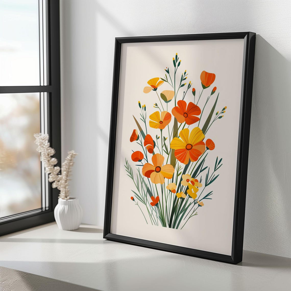 Orange Poppy Wildflower Bouquet Modern Botanical Illustration Poster - Image 5