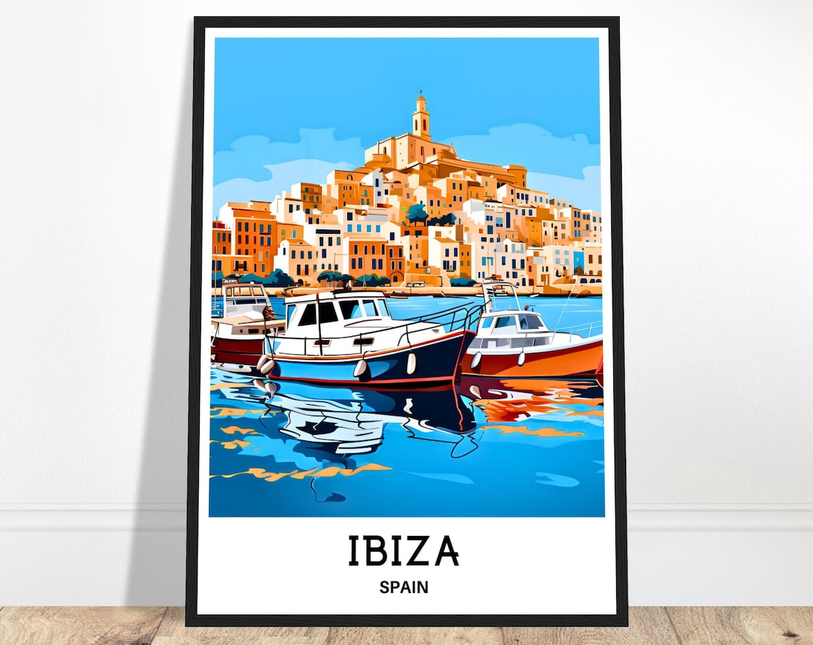Ibiza Spain Old Town Harbor Fishing Boats Waterfront Travel Poster