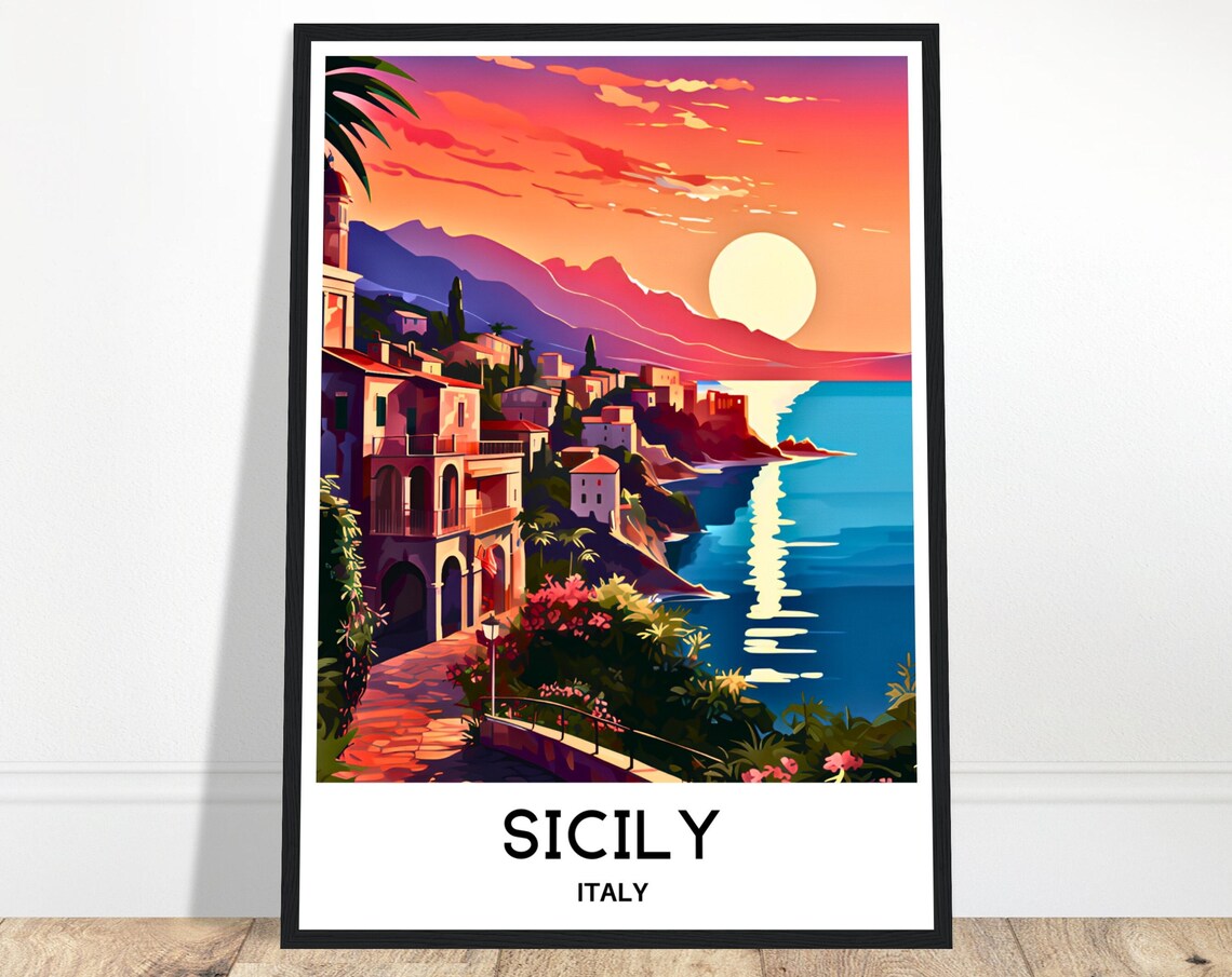 Sicily Italy Coastal Town At Sunset Warm Tones Vintage Poster