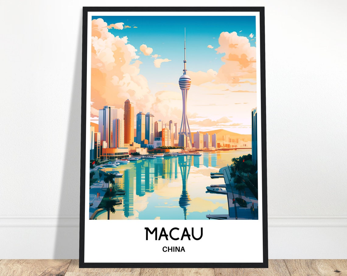 Macau China Tower Skyline Waterfront Reflection Travel Poster