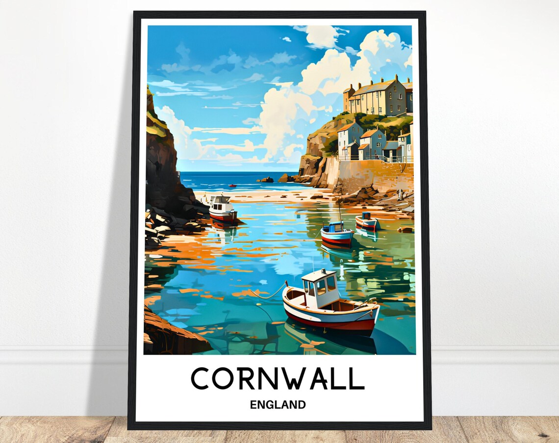Cornwall England Fishing Boats Harbor Cove Seaside Travel Poster