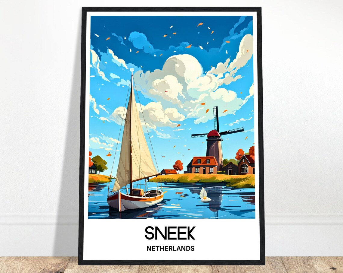 Sneek Netherlands Windmill Sailboat Canal Scene Travel Poster