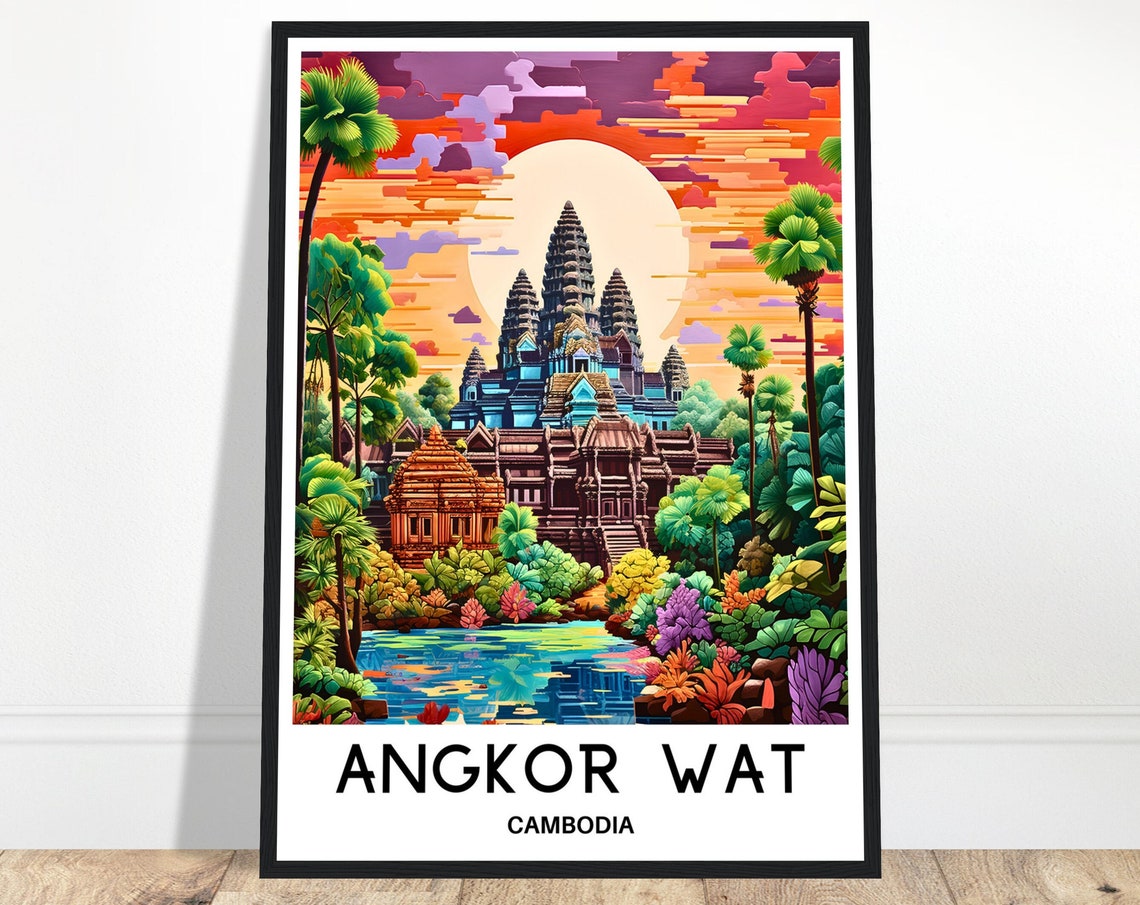 Angkor Wat Cambodia Temple Sunset Jungle Palms Travel Poster