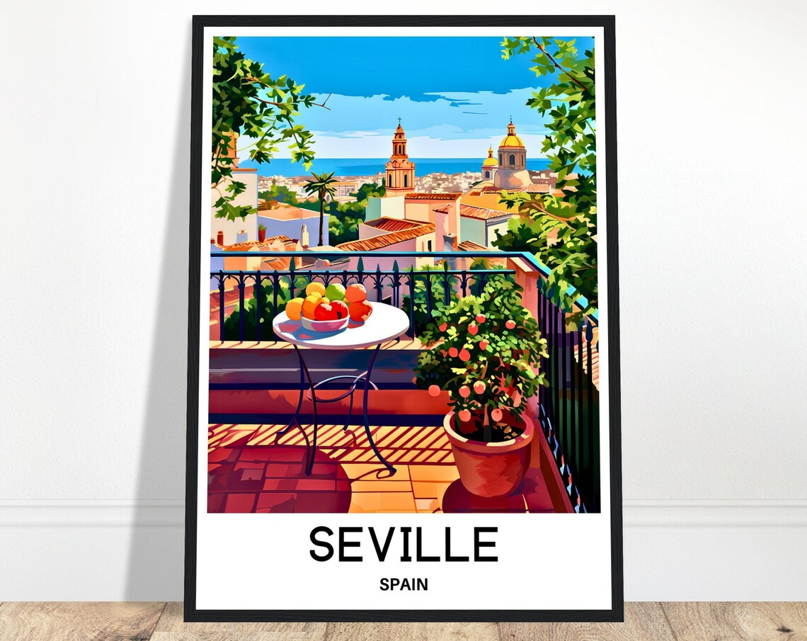Seville Spain Sunny Balcony with Citrus Tree Vintage Travel Poster
